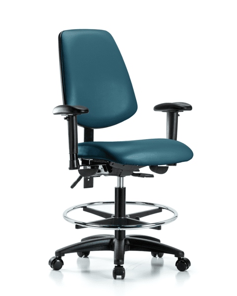 Vinyl Chair - Medium Bench Height with Medium Back, Adjustable Arms, Chrome Foot Ring, & Casters in Marine Blue Supernova Vinyl - VMBCH-MB-RG-T0-A1-CF-RC-8801