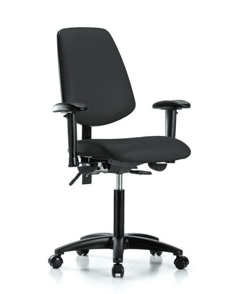 Vinyl Chair - Medium Bench Height with Medium Back, Adjustable Arms, & Casters in Black Trailblazer Vinyl - VMBCH-MB-RG-T0-A1-NF-RC-8540