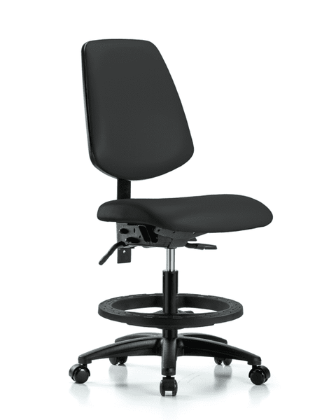Vinyl Chair - Medium Bench Height with Medium Back, Seat Tilt, Black Foot Ring, & Casters in Black Trailblazer Vinyl - VMBCH-MB-RG-T1-A0-BF-RC-8540