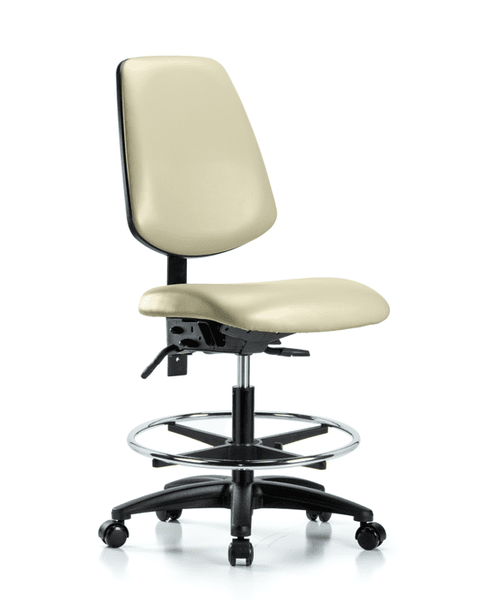 Vinyl Chair - Medium Bench Height with Medium Back, Seat Tilt, Chrome Foot Ring, & Casters in Adobe White Trailblazer Vinyl - VMBCH-MB-RG-T1-A0-CF-RC-8501