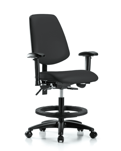Vinyl Chair - Medium Bench Height with Medium Back, Seat Tilt, Adjustable Arms, Black Foot Ring, & Casters in Black Trailblazer Vinyl - VMBCH-MB-RG-T1-A1-BF-RC-8540