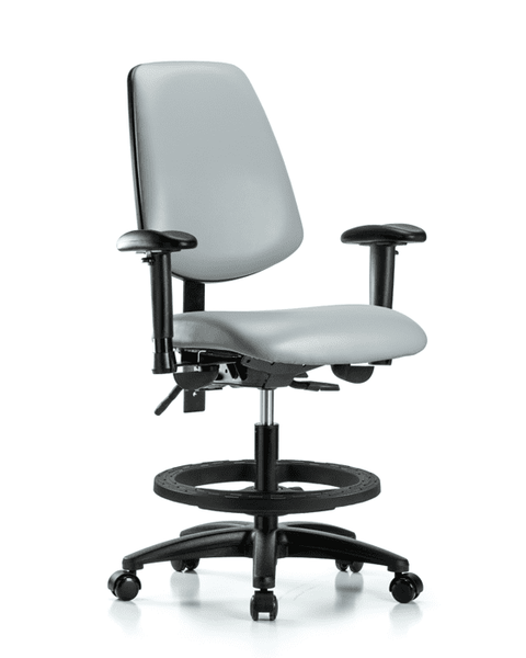 Vinyl Chair - Medium Bench Height with Medium Back, Seat Tilt, Adjustable Arms, Black Foot Ring, & Casters in Dove Trailblazer Vinyl - VMBCH-MB-RG-T1-A1-BF-RC-8567