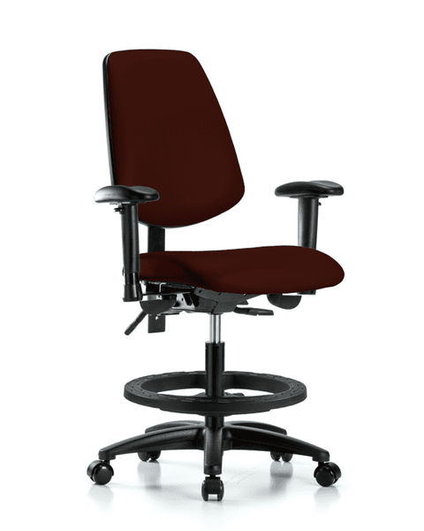 Vinyl Chair - Medium Bench Height with Medium Back, Seat Tilt, Adjustable Arms, Black Foot Ring, & Casters in Burgundy Trailblazer Vinyl - VMBCH-MB-RG-T1-A1-BF-RC-8569