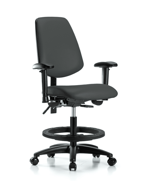 Vinyl Chair - Medium Bench Height with Medium Back, Seat Tilt, Adjustable Arms, Black Foot Ring, & Casters in Charcoal Trailblazer Vinyl - VMBCH-MB-RG-T1-A1-BF-RC-8605