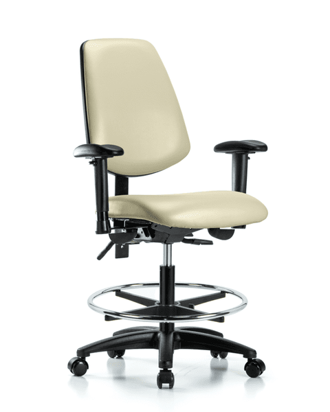 Vinyl Chair - Medium Bench Height with Medium Back, Seat Tilt, Adjustable Arms, Chrome Foot Ring, & Casters in Adobe White Trailblazer Vinyl - VMBCH-MB-RG-T1-A1-CF-RC-8501