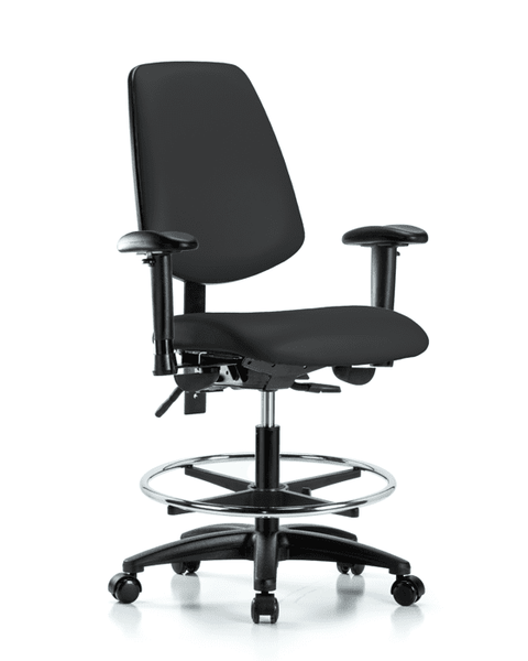 Vinyl Chair - Medium Bench Height with Medium Back, Seat Tilt, Adjustable Arms, Chrome Foot Ring, & Casters in Black Trailblazer Vinyl - VMBCH-MB-RG-T1-A1-CF-RC-8540