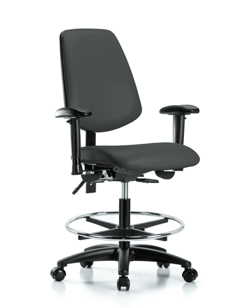 Vinyl Chair - Medium Bench Height with Medium Back, Seat Tilt, Adjustable Arms, Chrome Foot Ring, & Casters in Charcoal Trailblazer Vinyl - VMBCH-MB-RG-T1-A1-CF-RC-8605