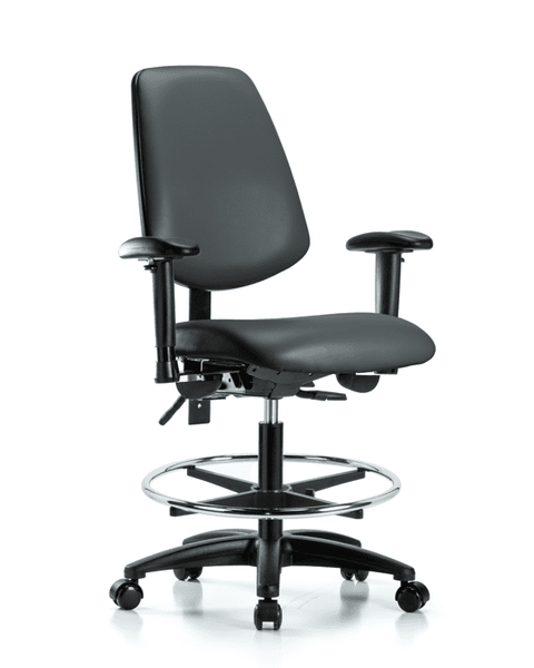 Vinyl Chair - Medium Bench Height with Medium Back, Seat Tilt, Adjustable Arms, Chrome Foot Ring, & Casters in Carbon Supernova Vinyl - VMBCH-MB-RG-T1-A1-CF-RC-8823