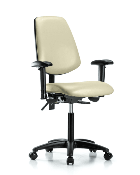 Vinyl Chair - Medium Bench Height with Medium Back, Seat Tilt, Adjustable Arms, & Casters in Adobe White Trailblazer Vinyl - VMBCH-MB-RG-T1-A1-NF-RC-8501