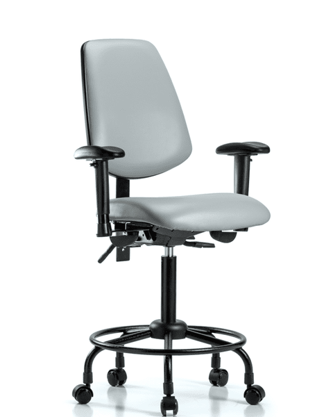 Vinyl Chair - Medium Bench Height with Round Tube Base, Medium Back, Adjustable Arms, & Casters in Dove Trailblazer Vinyl - VMBCH-MB-RT-T0-A1-RC-8567