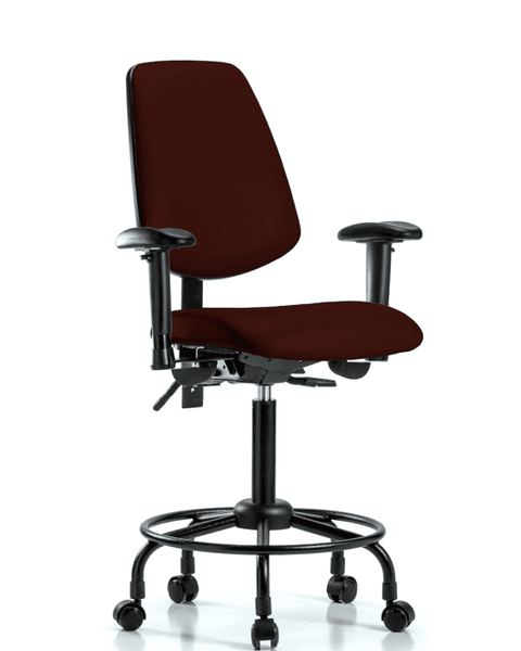 Vinyl Chair - Medium Bench Height with Round Tube Base, Medium Back, Adjustable Arms, & Casters in Burgundy Trailblazer Vinyl - VMBCH-MB-RT-T0-A1-RC-8569
