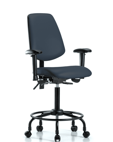 Vinyl Chair - Medium Bench Height with Round Tube Base, Medium Back, Adjustable Arms, & Casters in Imperial Blue Trailblazer Vinyl - VMBCH-MB-RT-T0-A1-RC-8582