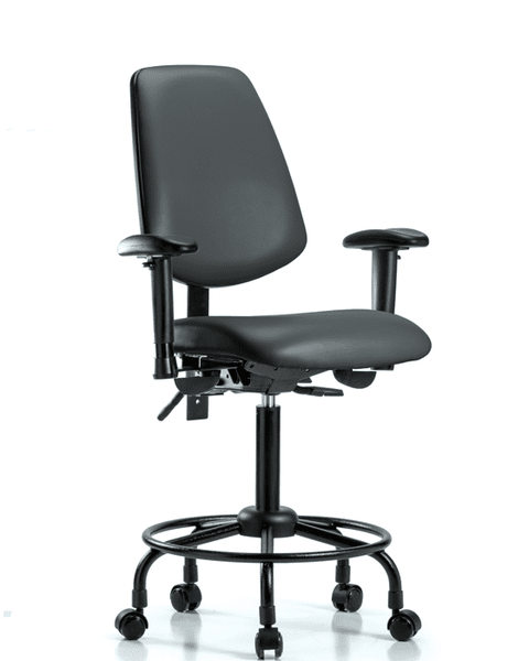 Vinyl Chair - Medium Bench Height with Round Tube Base, Medium Back, Adjustable Arms, & Casters in Carbon Supernova Vinyl - VMBCH-MB-RT-T0-A1-RC-8823