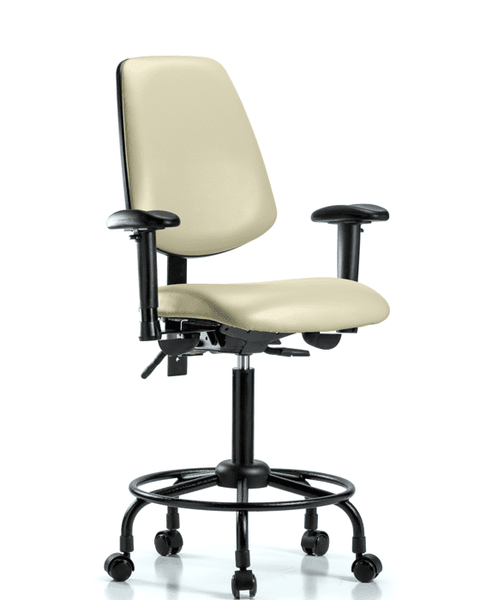 Vinyl Chair - Medium Bench Height with Round Tube Base, Medium Back, Seat Tilt, Adjustable Arms, & Casters in Adobe White Trailblazer Vinyl - VMBCH-MB-RT-T1-A1-RC-8501