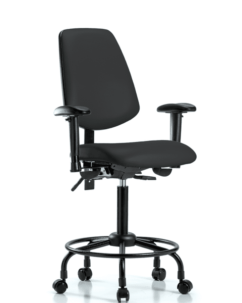 Vinyl Chair - Medium Bench Height with Round Tube Base, Medium Back, Seat Tilt, Adjustable Arms, & Casters in Black Trailblazer Vinyl - VMBCH-MB-RT-T1-A1-RC-8540