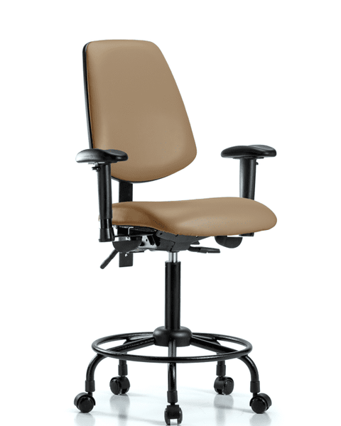 Vinyl Chair - Medium Bench Height with Round Tube Base, Medium Back, Seat Tilt, Adjustable Arms, & Casters in Taupe Trailblazer Vinyl - VMBCH-MB-RT-T1-A1-RC-8584