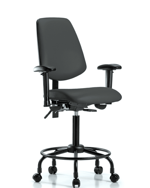 Vinyl Chair - Medium Bench Height with Round Tube Base, Medium Back, Seat Tilt, Adjustable Arms, & Casters in Charcoal Trailblazer Vinyl - VMBCH-MB-RT-T1-A1-RC-8605