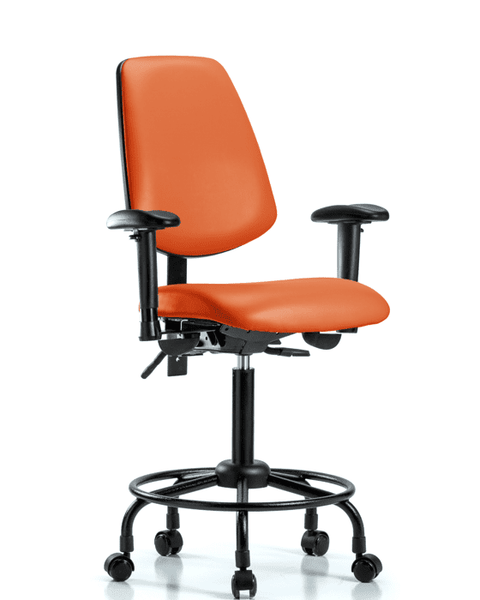 Vinyl Chair - Medium Bench Height with Round Tube Base, Medium Back, Seat Tilt, Adjustable Arms, & Casters in Orange Kist Trailblazer Vinyl - VMBCH-MB-RT-T1-A1-RC-8613