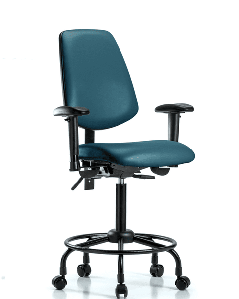 Vinyl Chair - Medium Bench Height with Round Tube Base, Medium Back, Seat Tilt, Adjustable Arms, & Casters in Marine Blue Supernova Vinyl - VMBCH-MB-RT-T1-A1-RC-8801
