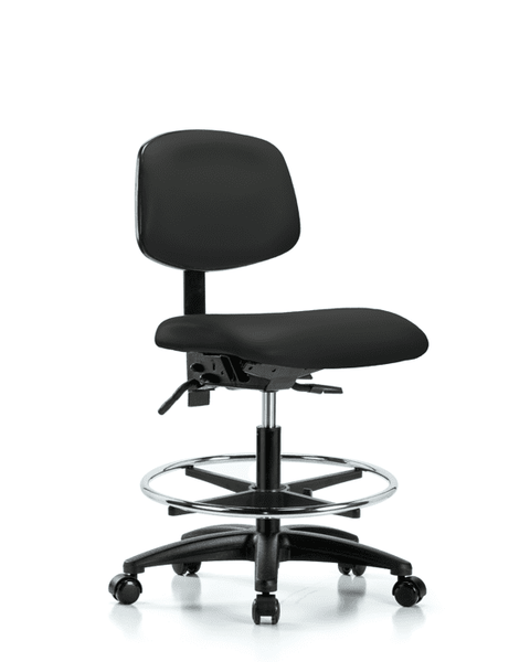 Vinyl Chair - Medium Bench Height with Chrome Foot Ring & Casters in Black Trailblazer Vinyl - VMBCH-RG-T0-A0-CF-RC-8540