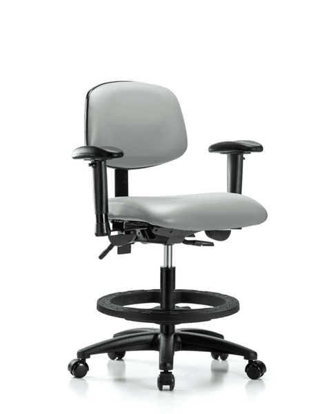 Vinyl Chair - Medium Bench Height with Adjustable Arms, Black Foot Ring, & Casters in Dove Trailblazer Vinyl - VMBCH-RG-T0-A1-BF-RC-8567