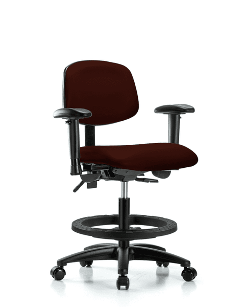 Vinyl Chair - Medium Bench Height with Adjustable Arms, Black Foot Ring, & Casters in Burgundy Trailblazer Vinyl - VMBCH-RG-T0-A1-BF-RC-8569