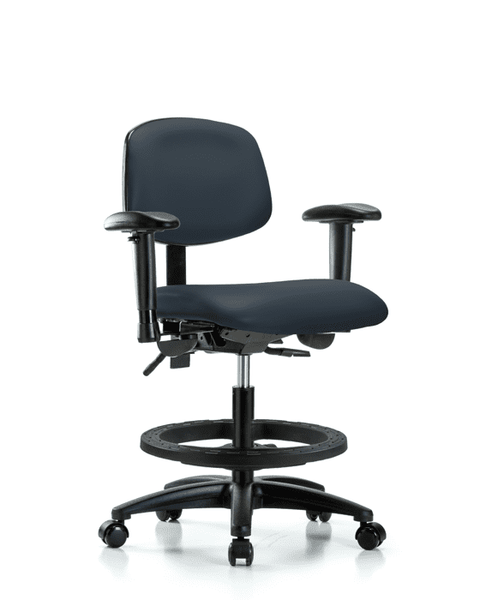 Vinyl Chair - Medium Bench Height with Adjustable Arms, Black Foot Ring, & Casters in Imperial Blue Trailblazer Vinyl - VMBCH-RG-T0-A1-BF-RC-8582