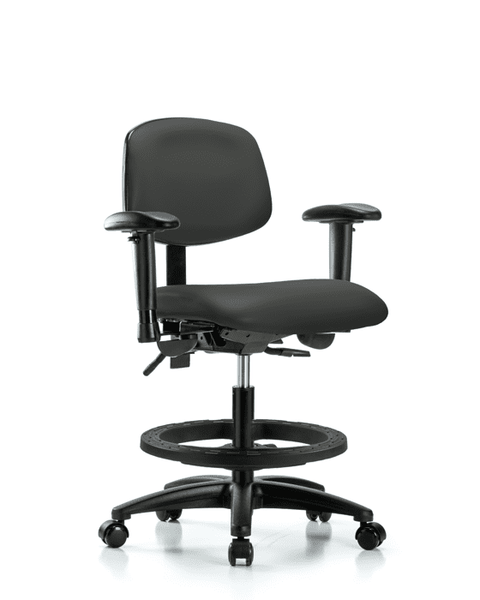 Vinyl Chair - Medium Bench Height with Adjustable Arms, Black Foot Ring, & Casters in Charcoal Trailblazer Vinyl - VMBCH-RG-T0-A1-BF-RC-8605