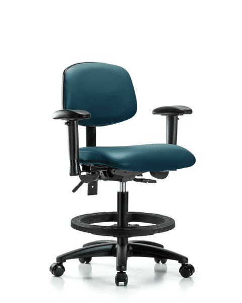 Vinyl Chair - Medium Bench Height with Adjustable Arms, Black Foot Ring, & Casters in Marine Blue Supernova Vinyl - VMBCH-RG-T0-A1-BF-RC-8801