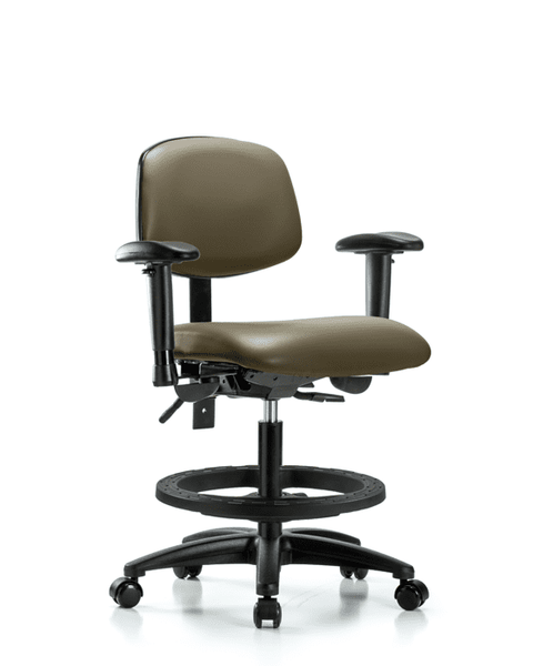 Vinyl Chair - Medium Bench Height with Adjustable Arms, Black Foot Ring, & Casters in Taupe Supernova Vinyl - VMBCH-RG-T0-A1-BF-RC-8809