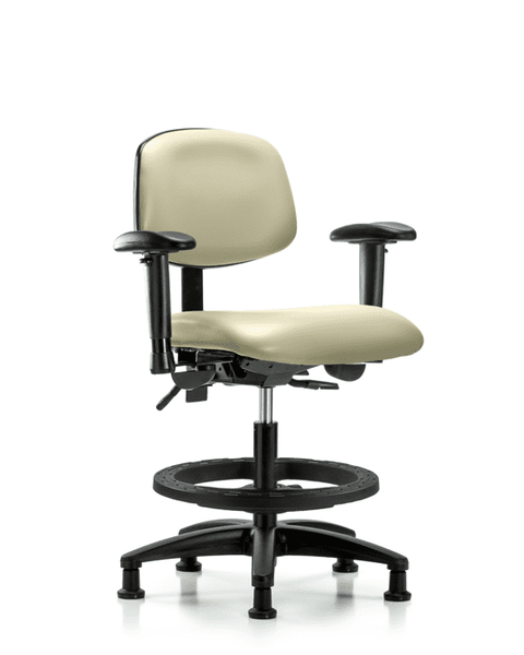 Vinyl Chair - Medium Bench Height with Adjustable Arms, Black Foot Ring, & Stationary Glides in Adobe White Trailblazer Vinyl - VMBCH-RG-T0-A1-BF-RG-8501