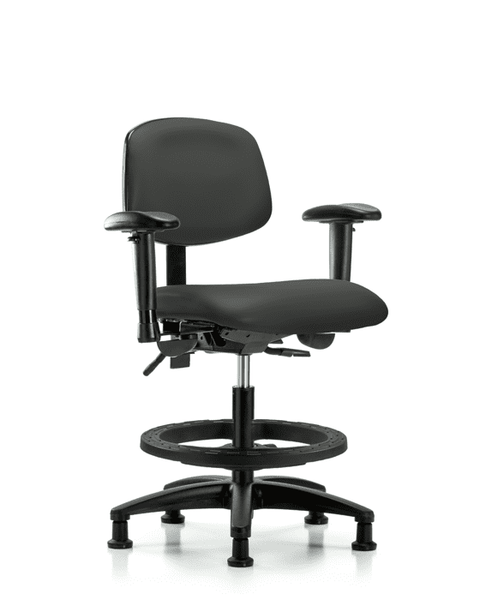 Vinyl Chair - Medium Bench Height with Adjustable Arms, Black Foot Ring, & Stationary Glides in Charcoal Trailblazer Vinyl - VMBCH-RG-T0-A1-BF-RG-8605