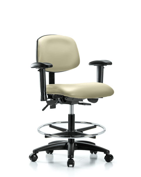 Vinyl Chair - Medium Bench Height with Adjustable Arms, Chrome Foot Ring, & Casters in Adobe White Trailblazer Vinyl - VMBCH-RG-T0-A1-CF-RC-8501