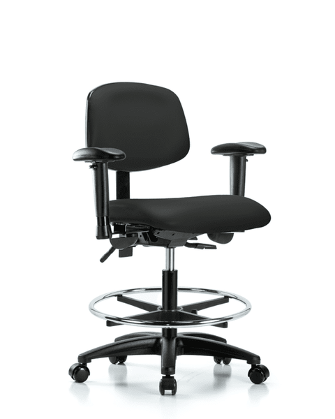 Vinyl Chair - Medium Bench Height with Adjustable Arms, Chrome Foot Ring, & Casters in Black Trailblazer Vinyl - VMBCH-RG-T0-A1-CF-RC-8540