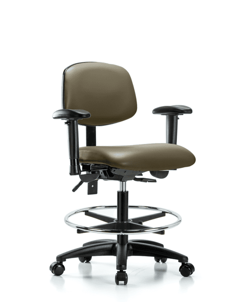 Vinyl Chair - Medium Bench Height with Adjustable Arms, Chrome Foot Ring, & Casters in Taupe Supernova Vinyl - VMBCH-RG-T0-A1-CF-RC-8809