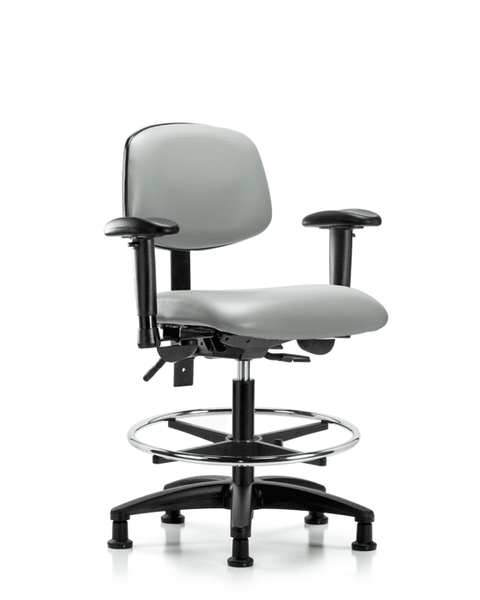 Vinyl Chair - Medium Bench Height with Adjustable Arms, Chrome Foot Ring, & Stationary Glides in Dove Trailblazer Vinyl - VMBCH-RG-T0-A1-CF-RG-8567