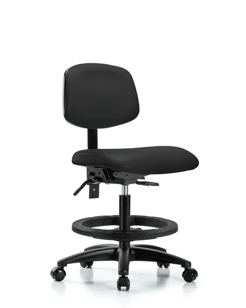 Vinyl Chair - Medium Bench Height with Seat Tilt, Black Foot Ring, & Casters in Black Trailblazer Vinyl - VMBCH-RG-T1-A0-BF-RC-8540