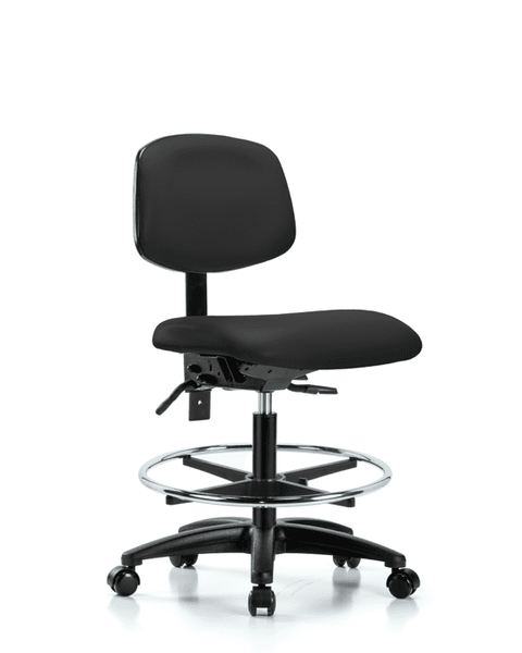 Vinyl Chair - Medium Bench Height with Seat Tilt, Chrome Foot Ring, & Casters in Black Trailblazer Vinyl - VMBCH-RG-T1-A0-CF-RC-8540