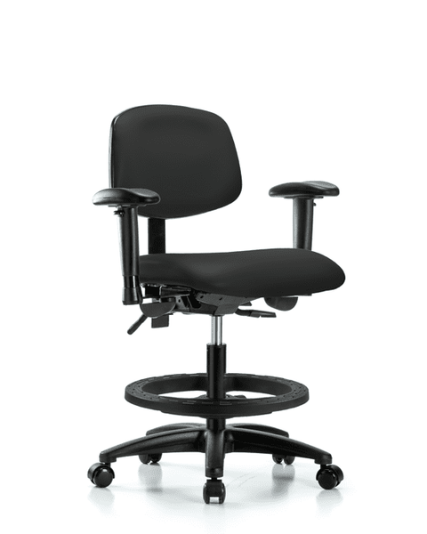 Vinyl Chair - Medium Bench Height with Seat Tilt, Adjustable Arms, Black Foot Ring, & Casters in Black Trailblazer Vinyl - VMBCH-RG-T1-A1-BF-RC-8540
