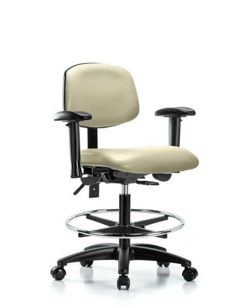 Vinyl Chair - Medium Bench Height with Seat Tilt, Adjustable Arms, Chrome Foot Ring, & Casters in Adobe White Trailblazer Vinyl - VMBCH-RG-T1-A1-CF-RC-8501