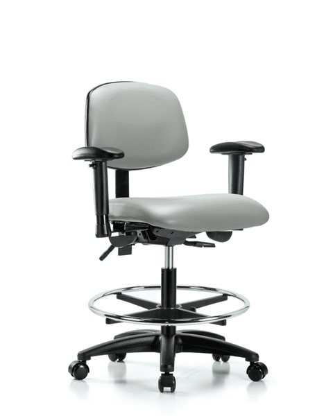 Vinyl Chair - Medium Bench Height with Seat Tilt, Adjustable Arms, Chrome Foot Ring, & Casters in Dove Trailblazer Vinyl - VMBCH-RG-T1-A1-CF-RC-8567