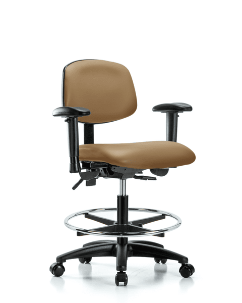 Vinyl Chair - Medium Bench Height with Seat Tilt, Adjustable Arms, Chrome Foot Ring, & Casters in Taupe Trailblazer Vinyl - VMBCH-RG-T1-A1-CF-RC-8584