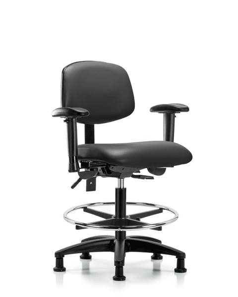 Vinyl Chair - Medium Bench Height with Seat Tilt, Adjustable Arms, Chrome Foot Ring, & Stationary Glides in Carbon Supernova Vinyl - VMBCH-RG-T1-A1-CF-RG-8823