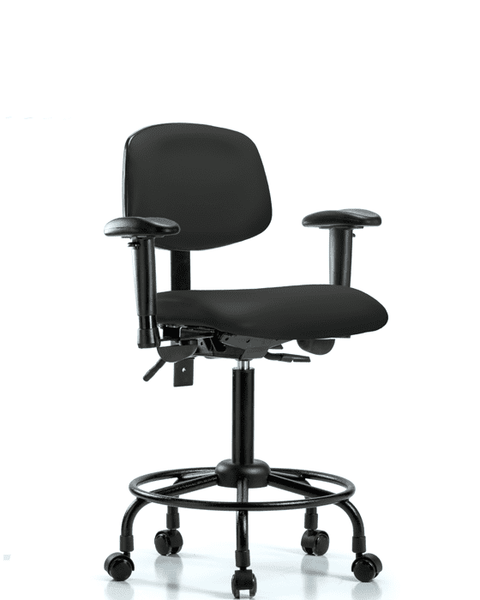Vinyl Chair - Medium Bench Height with Round Tube Base, Adjustable Arms, & Casters in Black Trailblazer Vinyl - VMBCH-RT-T0-A1-RC-8540