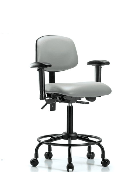 Vinyl Chair - Medium Bench Height with Round Tube Base, Adjustable Arms, & Casters in Dove Trailblazer Vinyl - VMBCH-RT-T0-A1-RC-8567