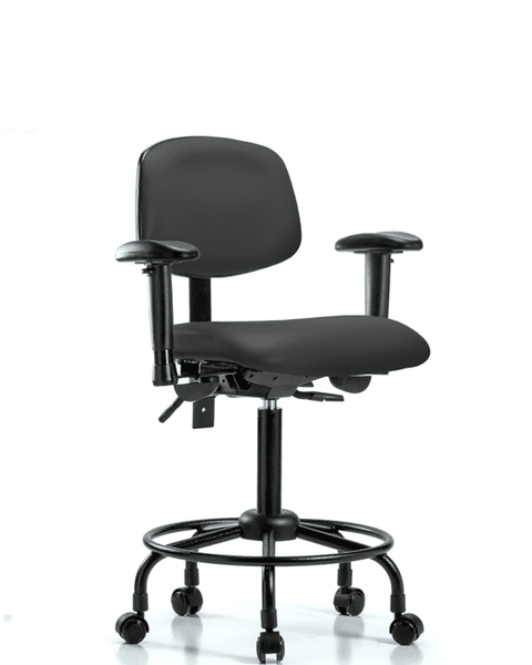 Vinyl Chair - Medium Bench Height with Round Tube Base, Adjustable Arms, & Casters in Charcoal Trailblazer Vinyl - VMBCH-RT-T0-A1-RC-8605