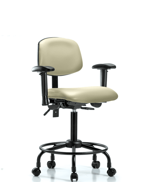 Vinyl Chair - Medium Bench Height with Round Tube Base, Seat Tilt, Adjustable Arms, & Casters in Adobe White Trailblazer Vinyl - VMBCH-RT-T1-A1-RC-8501