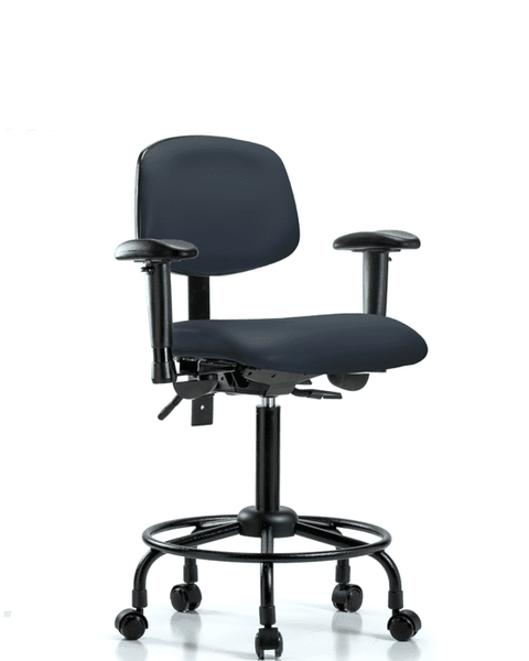Vinyl Chair - Medium Bench Height with Round Tube Base, Seat Tilt, Adjustable Arms, & Casters in Imperial Blue Trailblazer Vinyl - VMBCH-RT-T1-A1-RC-8582