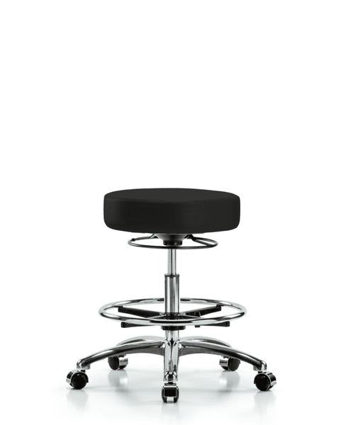 Vinyl Stool without Back Chrome - Medium Bench Height with Chrome Foot Ring & Casters in Black Trailblazer Vinyl - VMBSO-CR-CF-CC-8540