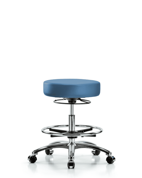 Vinyl Stool without Back Chrome - Medium Bench Height with Chrome Foot Ring & Casters in Colonial Blue Trailblazer Vinyl - VMBSO-CR-CF-CC-8546